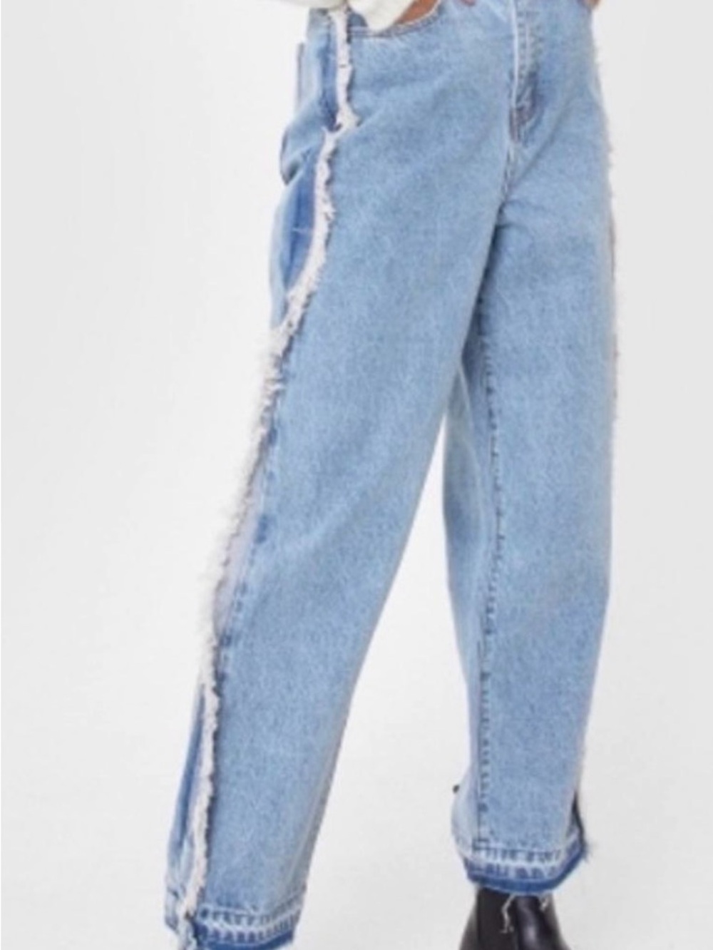 Nasty Gal Light Blue Straight-Leg Jeans with Frayed Side Seam